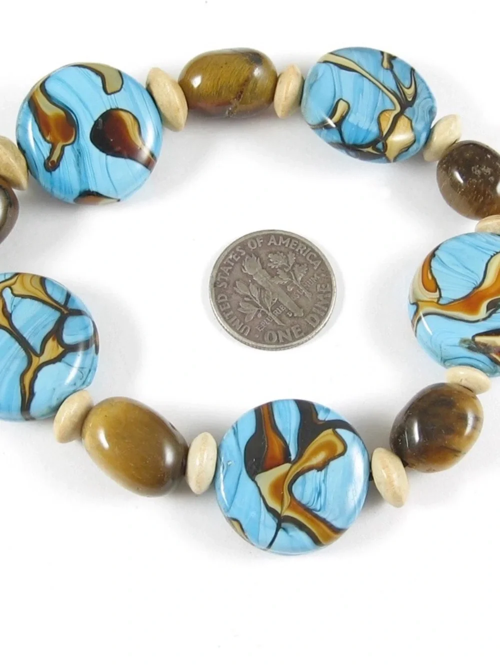 Vintage BEADED BRACELET Tigers Eye and Turquoise Art Glass Beads Elastic Stretch